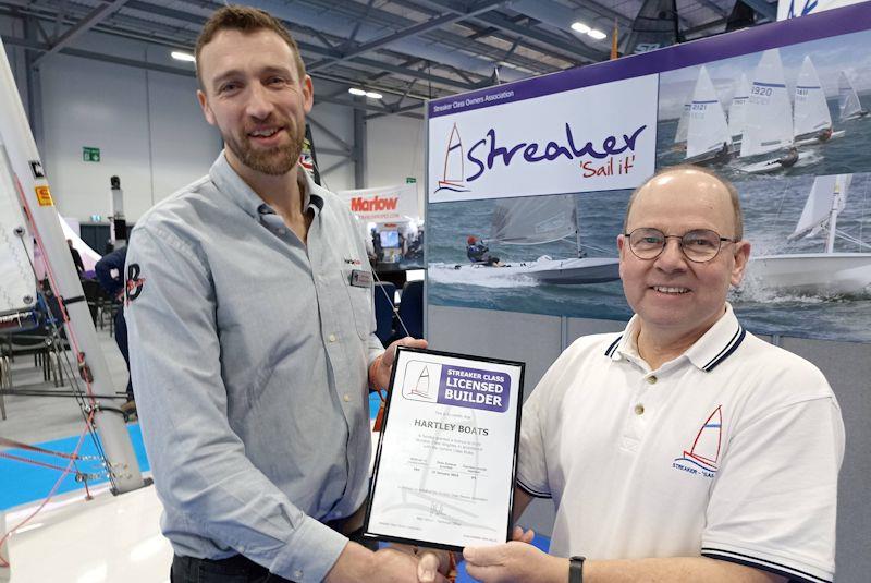 Mark Hartley of Hartley Boats receiving the Streaker Class Builders Licence from Alan Gillard at the RYA Dinghy Show - photo © Neil Firth