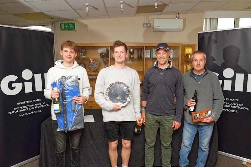 Prize winners at the Gill Streaker Inlands at GWSC (L-R) 2nd Giles Therkelson-Smith, 1st Eden Hyland, 3rd Jasper Barnham, and 1st Silver Fleet Colin Staite photo copyright Paul Sanwell / OPP taken at Grafham Water Sailing Club and featuring the Streaker class