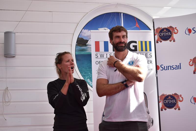 Hannah Mills and Iain Percy during the Sunsail Daily Prize Giving at Lendy Cowes Week 2017 photo copyright Sunsail taken at Cowes Combined Clubs and featuring the  class