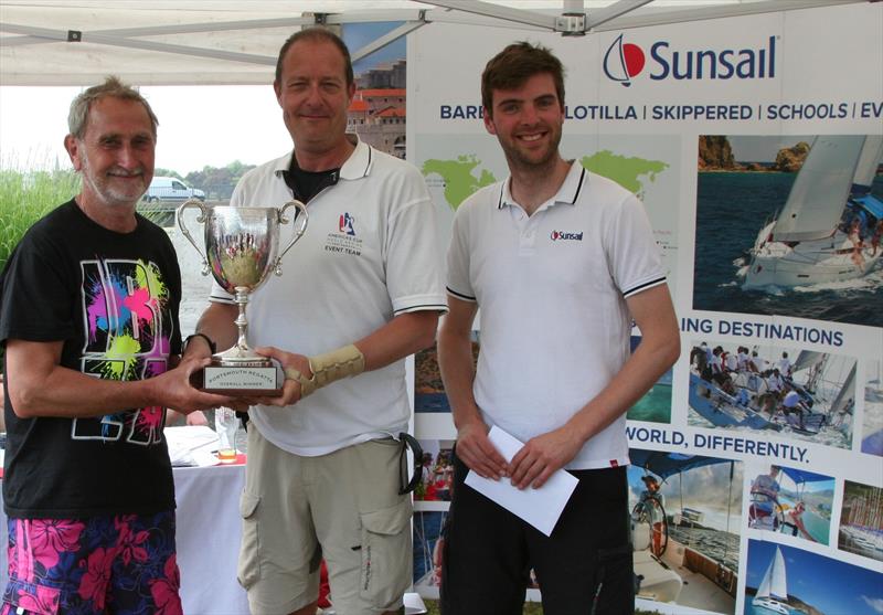 Overall winner Jon Modral-Gibbons receives the Portsmouth Regatta Cup from Regatta Director Adrian Saunders accompanied by James Foot of Sunsail photo copyright Paula Flack taken at Royal Albert Yacht Club and featuring the  class