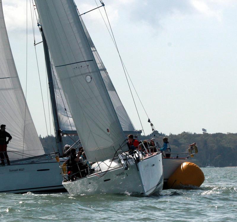 Strathcylde Blue and Newcastle White on day 2 of the BUCS Student Yachting Championships 2017 photo copyright Holly Overton taken at Port Solent Yacht Club and featuring the Sunsail F40 class