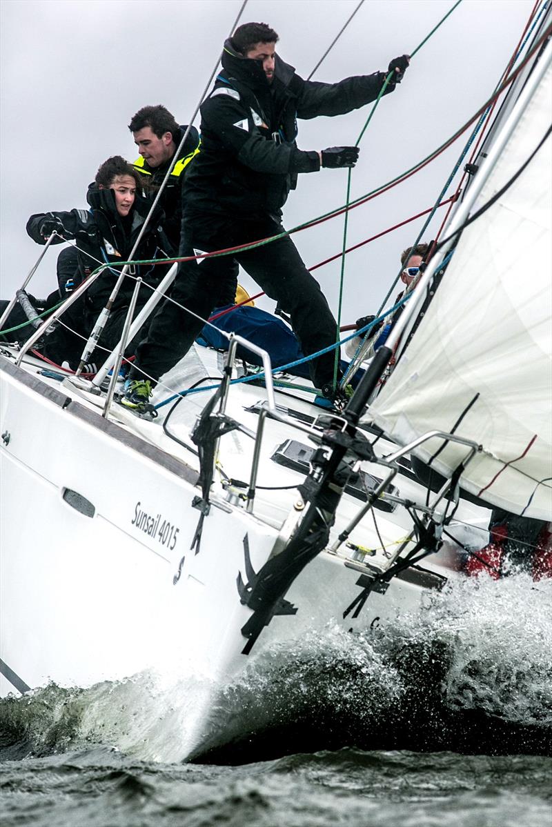 Strathclyde Blue during the BUCS / BUSA Yachting Championships 2018 photo copyright Harry Bowerman Photography / harrybowerman.shootproof.com taken at Portsmouth Harbour Yacht Club and featuring the Sunsail F40 class