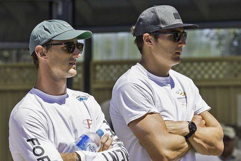 SuperFoiler's Rhys Mara (L) and Record Point's Neil Hunter (R) (AC sailor on LandRover BAR) photo copyright Andrea Francolini taken at Geographe Bay Yacht Club and featuring the Superfoiler class