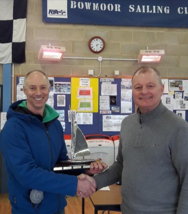 Oxford Carriers Supernova Winter Championship - Gavin Young receiving the trophy from Pete Bingham, Class Secretary photo copyright BSC taken at Bowmoor Sailing Club and featuring the Supernova class