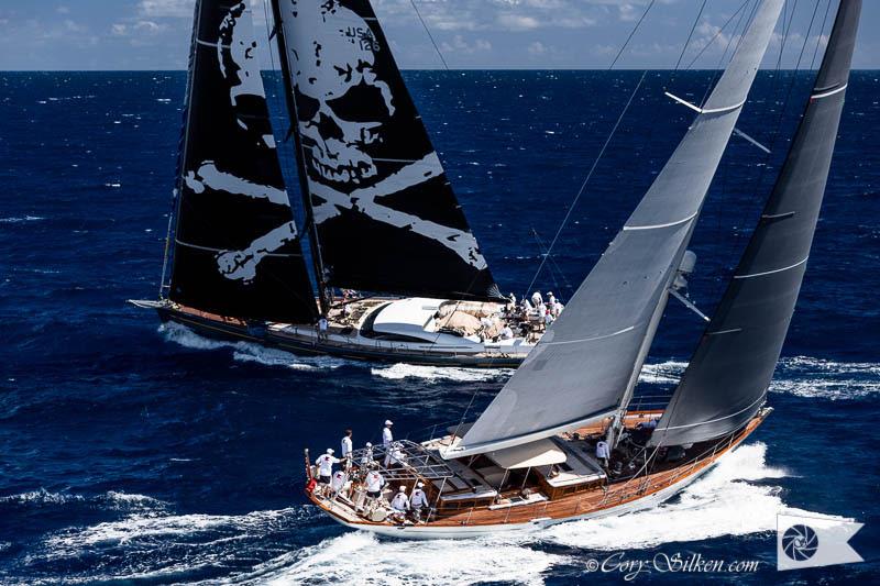 Close quarters between Danneskjold and Arcadia - Superyacht Challenge Antigua 2018 photo copyright Cory Silken / www.corysilken.com taken at  and featuring the Superyacht class