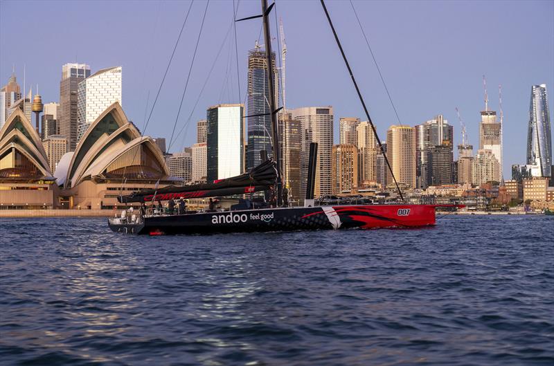 Andoo Comanche arrives back in Sydney Harbour after traversing the planet from the Caribbean on her own hull photo copyright Andoo Comanche taken at Cruising Yacht Club of Australia and featuring the Superyacht class