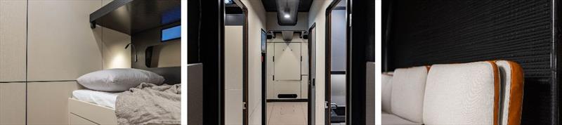 Baltic 111 Custom foil-assisted superyacht 'Raven' - crew accommodation uses more lightweight panelling to hide structure; clean, functional finish in the crew area; bulkheads in the main saloon are finished with a lightweight, rubberised material - photo © Eva-Stina Kjellman