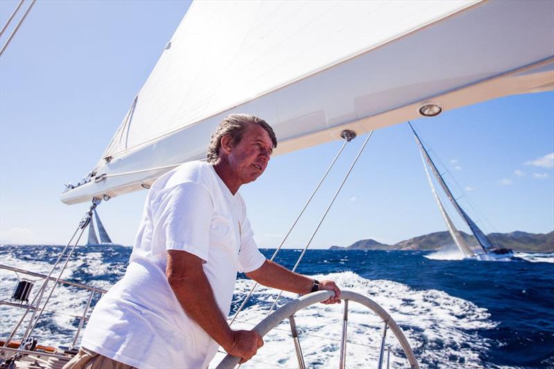 Stan Pearson at the helm of Rebecca - Superyacht Challenge Antigua photo copyright Cory Silken taken at  and featuring the Superyacht class