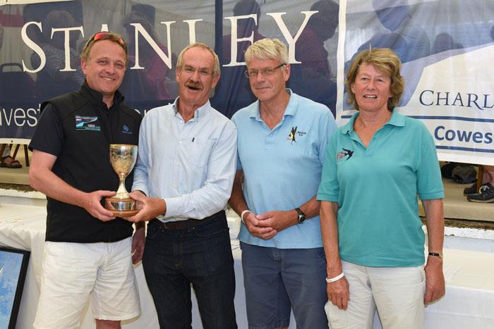 Magnus Wheatley of Charles Stanley Direct presents the Charles Stanley 1792 Cup to overall winners, Swallow sailor Mike Wignore and crew of Gwaihir at Charles Stanley Direct Cowes Classics Week photo copyright Rick Tomlinson / www.rick-tomlinson.com taken at Royal London Yacht Club and featuring the Swallow class