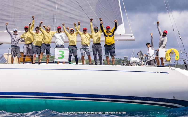 True celebrate finishing the 2026 Newport Bermuda Race photo copyright Stephen R Cloutier taken at International Yacht and Athletic Club and featuring the Swan class