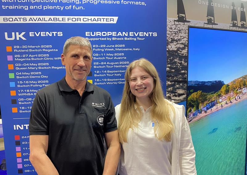 Simon Hiscocks and Kaia Bint Savage on the Switch One Design stand at the RYA Dinghy & Watersports Show photo copyright Magnus Smith taken at RYA Dinghy Show and featuring the Switch class