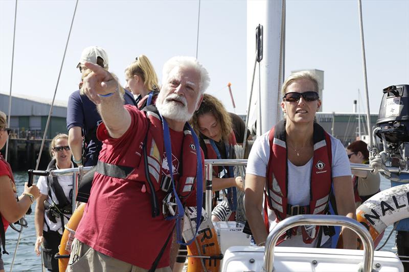 HRH The Countess of Wessex takes the helm of the Rona Sailing Project's Donald Searle under the watchful eye of volunteer skipper Bill Jermey whilst sailing with a group of teenage trainees from across the UK and Ireland for a day sail on the Solent - photo © Max Mudie for ASTO