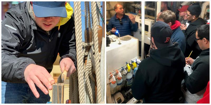 (left) Nathan Plummer working on basic joinery skills; (right) Captain Jonathan Kabak talking to students about marine systems in Oliver Hazard Perry's engine room (Photo courtesy of OHPRI;) photo copyright Lisa Goodwin taken at  and featuring the Tall Ships class
