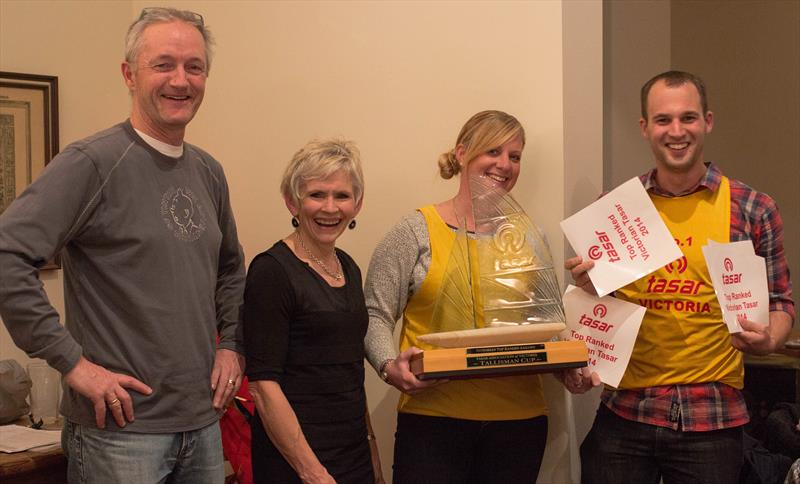 Alistair Murray & Pat Pedicini present Charlotte Birbeck and Peter Ellis with the Talisman Cup for the Top Ranked Victorian Tasar during Tasar Victoria Presentation Night 2014 photo copyright Darren Eger taken at  and featuring the Tasar class