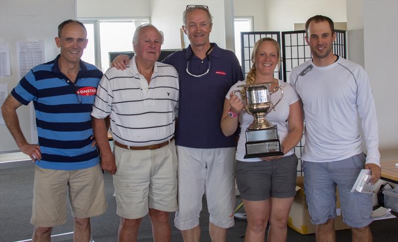 Tasar Association of Victoria (TAV) President Blaise Vinot, TAV Life Member Geoff Dawson,  Ronstan CEO and Tasar sailor Alistair Murray, State Champions Charlotte Birbeck and Peter Ellis photo copyright Darren Eger taken at Safety Beach Sailing Club and featuring the Tasar class
