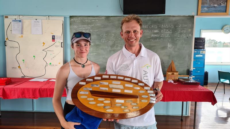 Hugh and Bec receive the trophy at the NSW Tasar State Championship 2021 photo copyright Craig Greenhill taken at Speers Point Amateur Sailing Club and featuring the Tasar class