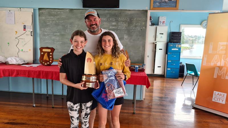 Jess & Charlotte Greenhill with their dad Craig, taking the 'Junior Helm' Trophy at the NSW Tasar State Championship 2021 - photo © Craig Greenhill 