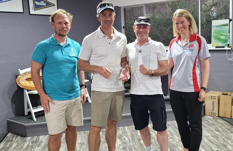 Presentation of State Champion's Hugh & Anna Tait who stand either side of Chris Dance & Peter Hackett in overall 2nd at the NSW Tasar States 2022 photo copyright Sail Port Stephens / @sailorgirlHQ taken at Corlette Point Sailing Club and featuring the Tasar class