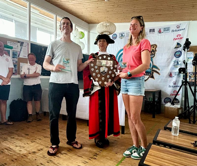 Nick Craig and Rach Rhodes, with the Right Worshipful Mayor of Hythe, Pauline Curran, win the Tasar Europeans 2026 at Hythe and Saltwood - photo © Liliana Reasor 