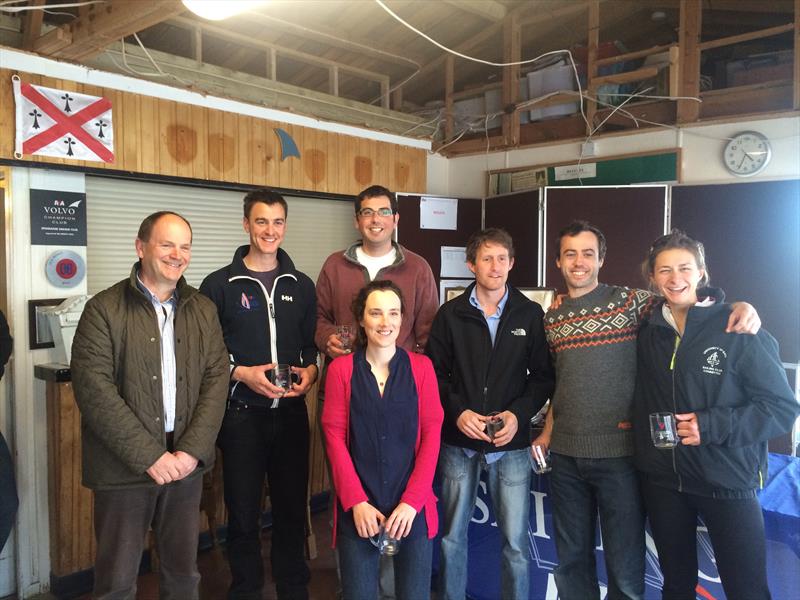 Spinnaker Auspicious - 2014 RYA Team Racing Nationals Runners Up (l to r) Simon Walworth (Spinnaker Club Commodore) Sam Littlejohn, Tom Hebbert, Jo Findlay, Toby Lewis, Matt Findlay & Marianthe photo copyright Keith Sammons taken at  and featuring the Team Racing class