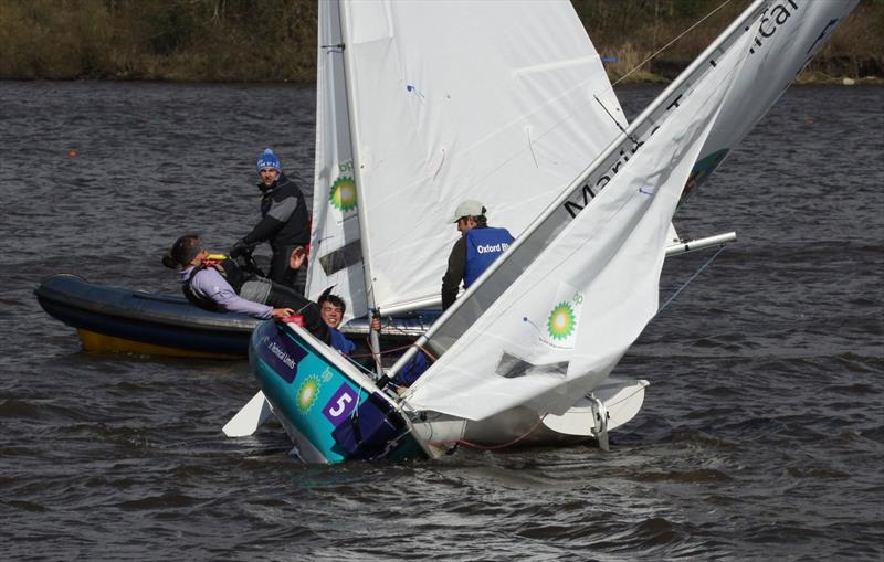 Quarterfinal black flag incident at the 60th British University Team Racing Championships photo copyright Alan Henderson / www.fotoboat.com taken at Strathclyde Loch Sailing Club and featuring the Team Racing class