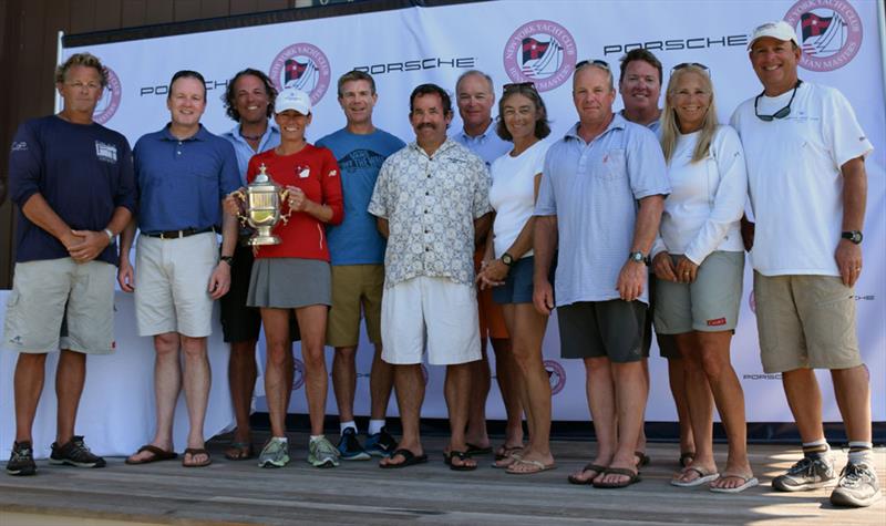 Noroton Yacht Club Team win the NYYC Hinman Masters Team Race 2016 (l-r) Karl Ziegler, Chris Daley, Janet Grapengater-Rudnick, Bill Crane, Tom Kinney, Britt Hall, Howard Seymour, Kevin Sheehan, Scott MacLeod, Michael Rudnick, Peggy Hersam and Basil Lyden photo copyright NYYC / Makena Masterson taken at New York Yacht Club and featuring the Team Racing class
