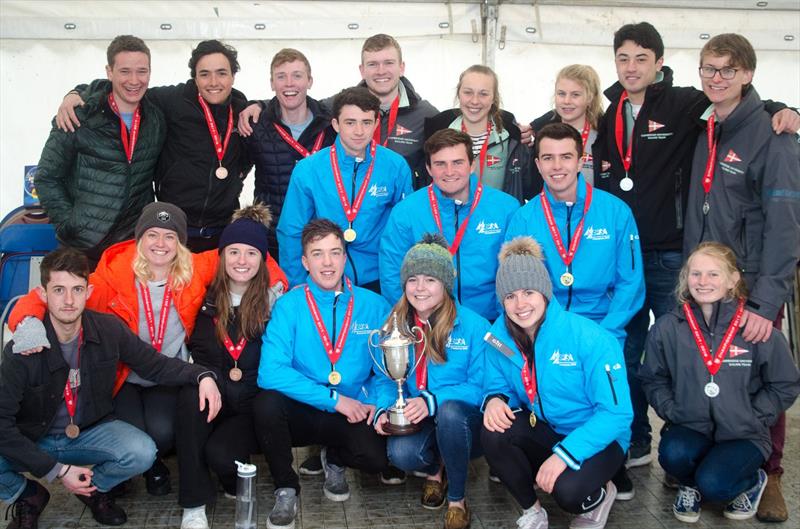 Podium (l-r) Exeter, Southampton & Cambridge at the British University Team Racing Championships 2018 photo copyright Leanne Fischler / www.leannefischler.co.uk taken at Strathclyde Loch Sailing Club and featuring the Team Racing class