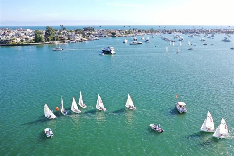 Aerial shot from the 2019 U.S. Team Racing Championship in Newport Harbor photo copyright Peter Wells taken at Newport Harbor Yacht Club and featuring the Team Racing class