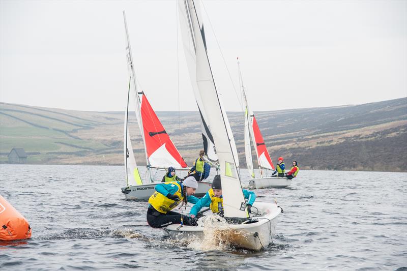 Feva Action during the NSSA Double Handed Team Racing Championships photo copyright Dave Wood taken at Yorkshire Dales Sailing Club and featuring the Team Racing class