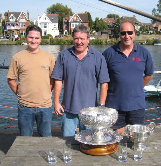 Andrew Harris, Jeremy Kearns and Martin Hunter with the Braganza Bowl and Yates Cup at the Tamesis Thames A Rater open photo copyright Catherine Kearns taken at Tamesis Club and featuring the Thames A Rater class