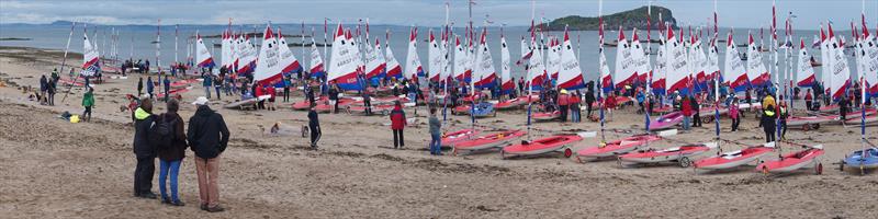 The Gold and Silver Fleets prepare to sail from the beach during the Topper Nationals at East Lothian photo copyright Derek Braid taken at East Lothian Yacht Club and featuring the Topper class