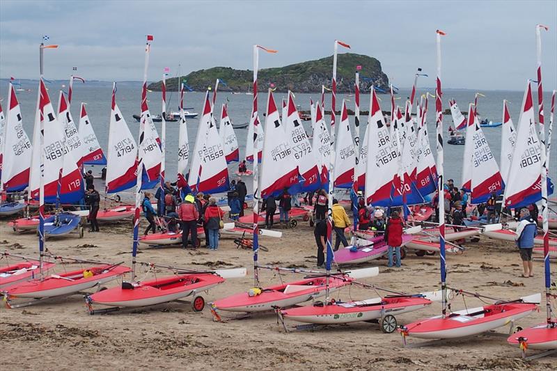 The Gold and Silver Fleets prepare to sail from the beach during the Topper Nationals at East Lothian photo copyright Derek Braid taken at East Lothian Yacht Club and featuring the Topper class