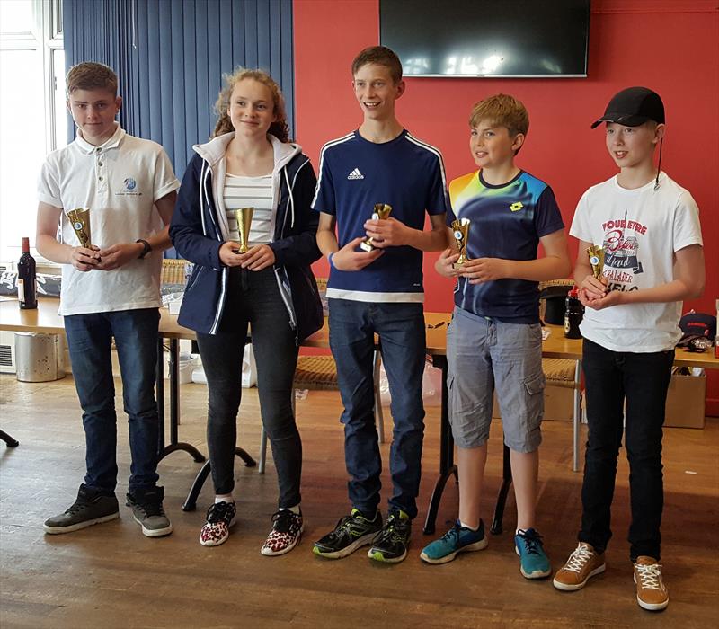 (l-r) 1st Charlie Turnbull, 2nd Gemma Mcdonnell, 3rd Daid peaty, 1st under 13 Felix Mcmullan, 1st home boat James Knight during the Topper Midlands Traveller Draycote photo copyright Midlands Topper Fleet taken at Draycote Water Sailing Club and featuring the Topper class