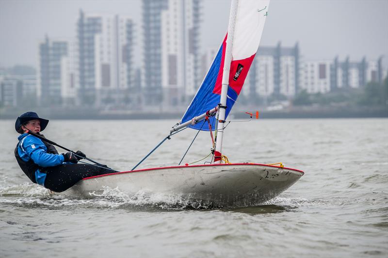 Wilsonian SC's Silas Maxwell enjoying a brisk reach during the KSSA Mid-Summer Regatta at Medway photo copyright Jon Bentman taken at Medway Yacht Club and featuring the Topper class