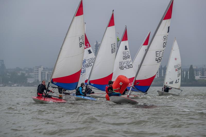Topper action, led by Angus Bowman (45673) and Aurelia McNamara (84) during the KSSA Mid-Summer Regatta at Medway photo copyright Jon Bentman taken at Medway Yacht Club and featuring the Topper class
