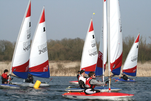 George Meredith leads the fleet during the Topper open at Great Moor SC photo copyright Sue Johnson taken at Great Moor Sailing Club and featuring the Topper class