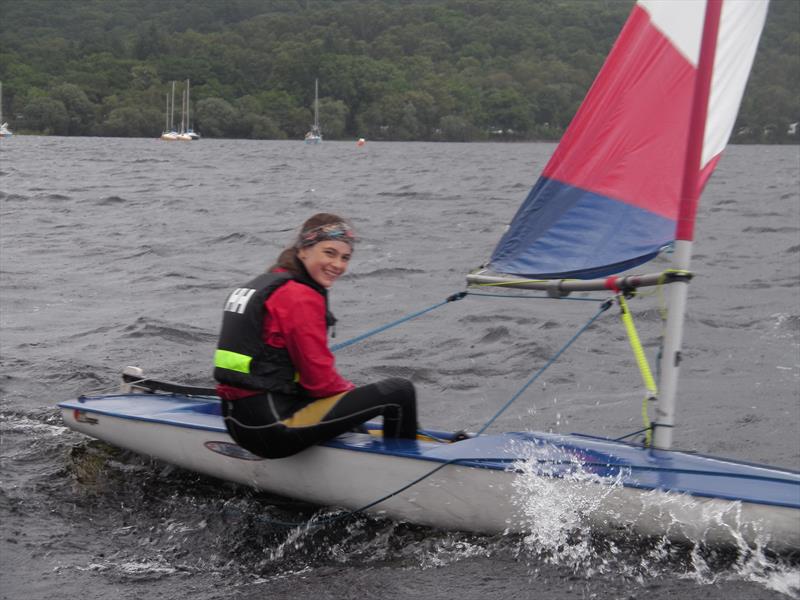 Christine Wood on her way to taking the prize for first novice in the Topper Class during the RYA Scotland Champions Club and Windward Mark Trophies photo copyright Matt Toynbee taken at Loch Lomond Sailing Club and featuring the Topper class
