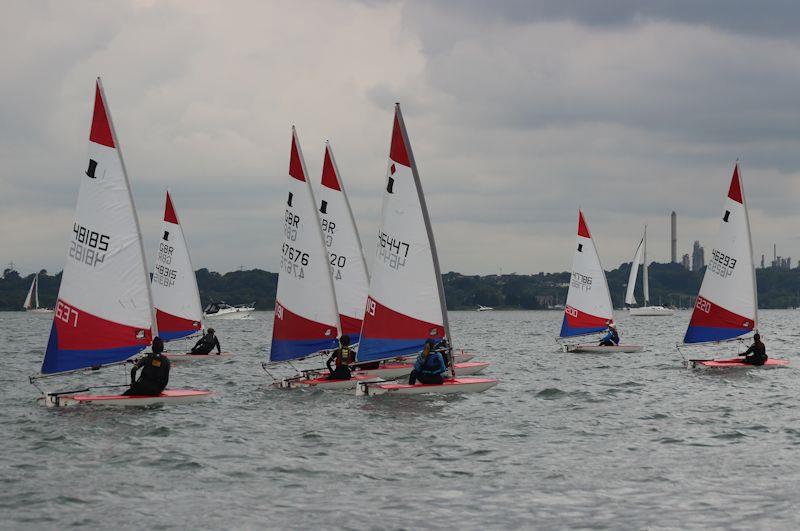 5.3 fleet heading towards the site of event sponsor Exxon - First ever Topper Traveller at Hamble River photo copyright Mike James taken at Hamble River Sailing Club and featuring the Topper class