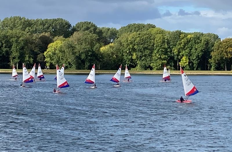 Jessica Powell leading the fleet in Race 2 during Midlands Topper Traveller 2022-2023 Series Round 2 at South Staffs photo copyright Donna Powell taken at South Staffordshire Sailing Club and featuring the Topper class