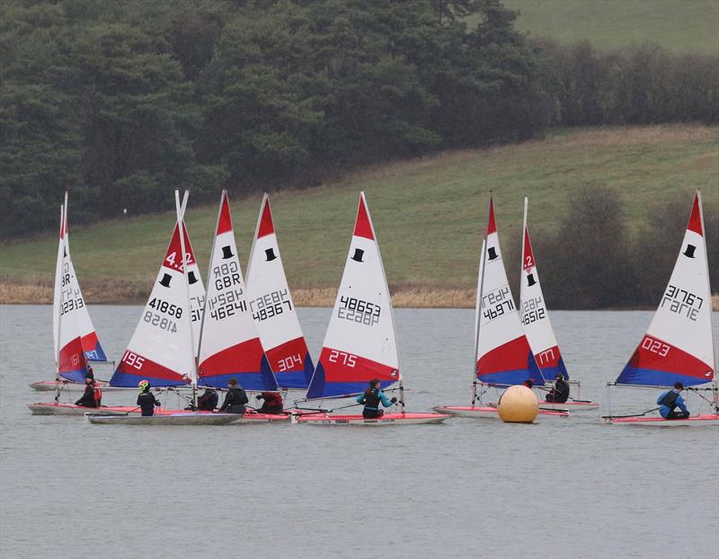 Close bunching at the windward mark during Midlands 2022-2023 Topper Traveller Series Round 4 at Hollowell photo copyright Steven Angell taken at Hollowell Sailing Club and featuring the Topper class