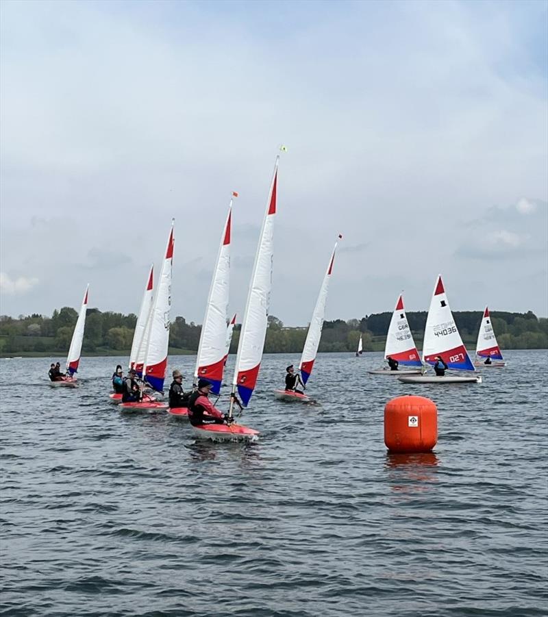 Windward mark bunching during ITCA Midlands Topper Traveller Series 2022-23 Round 8 at Draycote photo copyright Mark Dunkley taken at Draycote Water Sailing Club and featuring the Topper class
