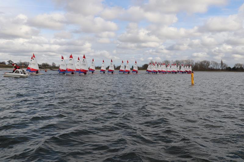 Race 1 start during the Topper Winter Regatta at Island Barn photo copyright Will Helyer taken at Island Barn Reservoir Sailing Club and featuring the Topper class