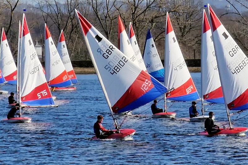 George Sumner (48102) leading in Race 3 - Topper SE Winter Regatta at Island Barn photo copyright IBRSC taken at Island Barn Reservoir Sailing Club and featuring the Topper class