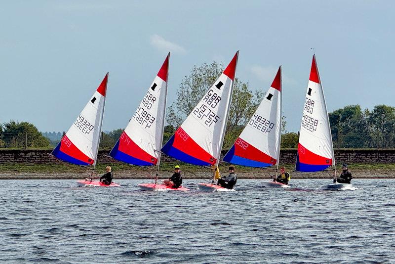 (L-R) Durrant, Taylor, Chapman, Whitfield, Hadley commence a run - South East Topper series at Island Barn for the Tom Howard Trophy photo copyright Chloe Tollit taken at Island Barn Reservoir Sailing Club and featuring the Topper class