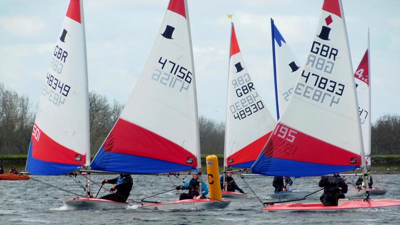 Topper Winter Regatta at Island Barn - Mid-fleet action at the leeward mark with Isabelle Simpson (47156) rounding with Jackie Leslie (47833) and Rex Wraight (48349) - photo © Nick Marley