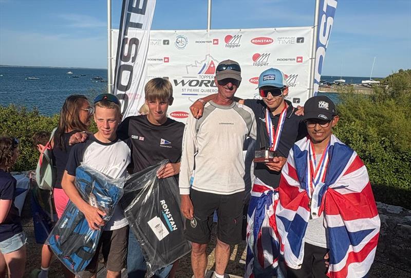 Coach Steve Irish with Draycote Academy's 5.3 sailors at Topper Worlds - Hendricks (10th) Phileas (5th), Joseph (2nd), Hari (1st) photo copyright Draycote Academy taken at Draycote Water Sailing Club and featuring the Topper class