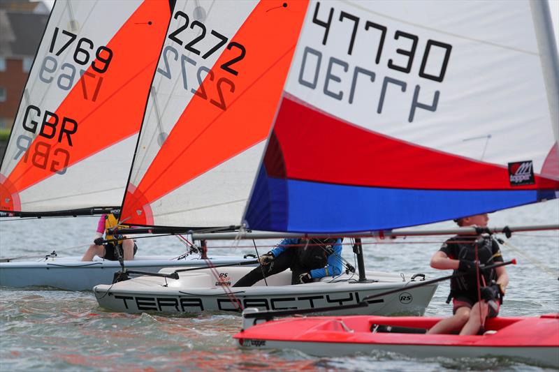 Susanna Local (1769), Joe Baker (2272) and Henry Moss (47730) look well drilled as they line up for the start during the KSSA Mid-Summer Regatta 2019 at Medway YC - photo © Jon Bentman