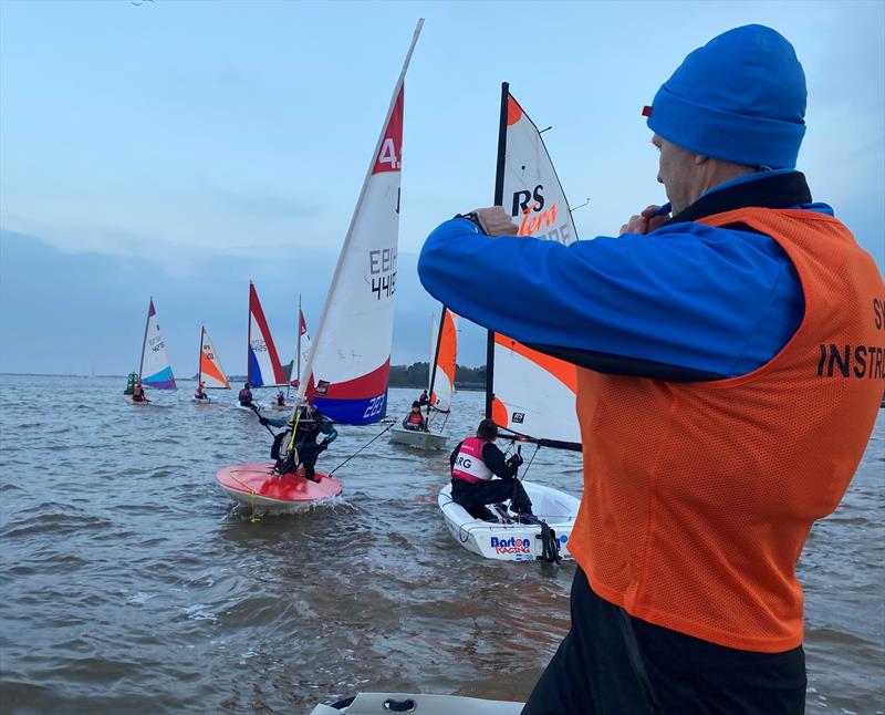 Starcross Yacht Club Junior Sailing - mini race startline photo copyright Peter Solly taken at Starcross Yacht Club and featuring the Topper 4.2 class