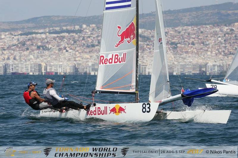 Greek team Iordanis Paschalidis &Petros Konstaninidis win both races on day 1 of the Tornado Worlds photo copyright Nikos Pantis taken at Nautical Club of Thessaloniki and featuring the Tornado class