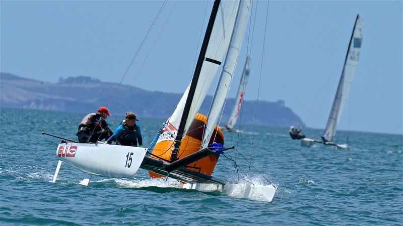 Pavlis and Pavlisova (CZE) lead around Mark 1 - Race 6 - Int Tornado Worlds - Day 3, presented by Candida, January 7, photo copyright Richard Gladwell taken at Takapuna Boating Club and featuring the Tornado class